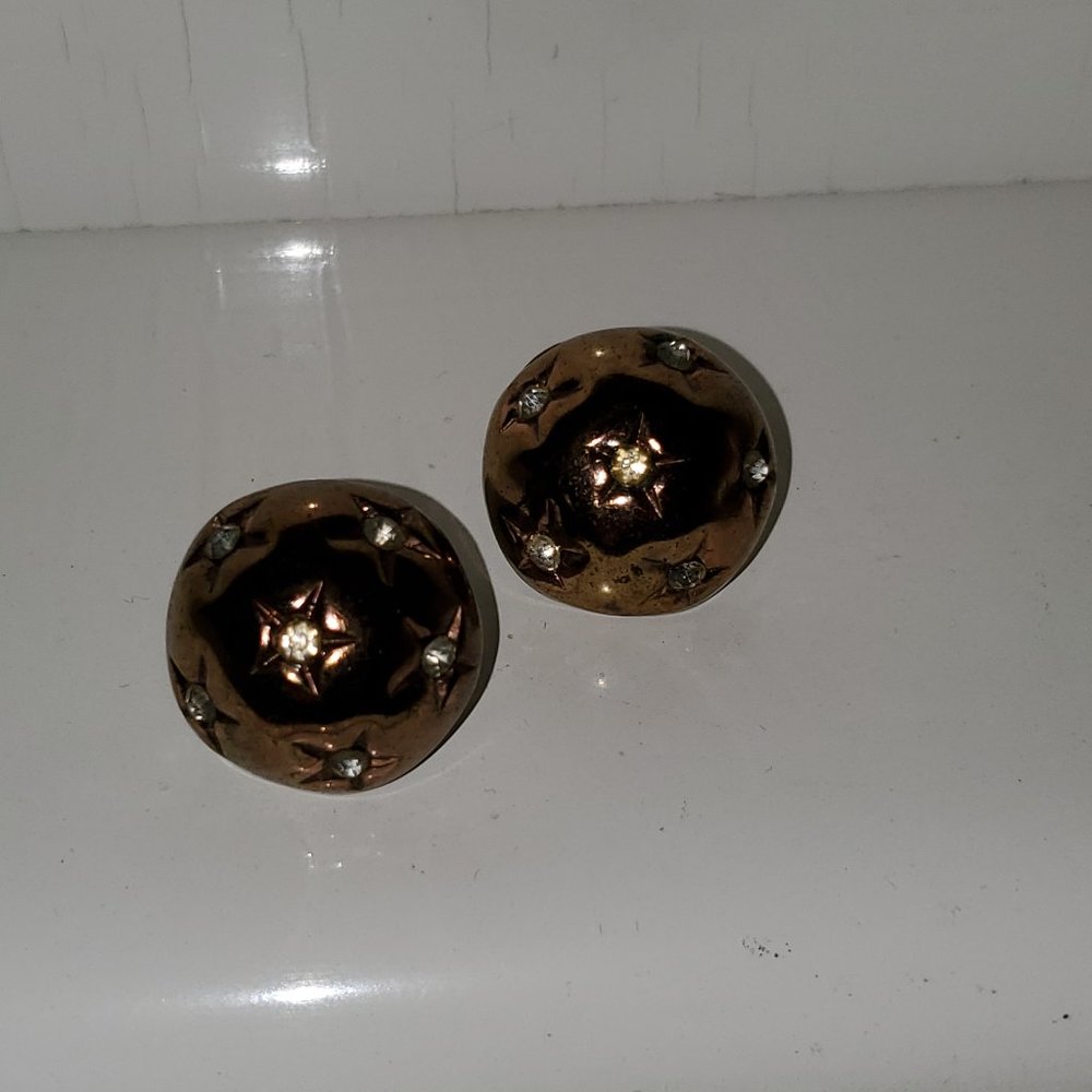 VINTAGE COPPER ROUND EARRINGS WITH RHINESTONE STAR DETAIL - Picture 1 of 2